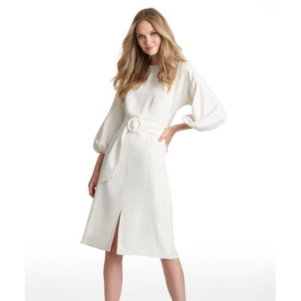 NWT- Sachin & Babi Annie Dress – White Crepe Sheath with Belt & Blouson Sleeves